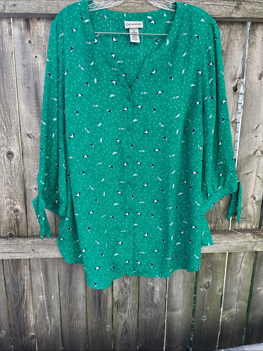Catherines Teal Green Button-Front Blouse with Subtle Print